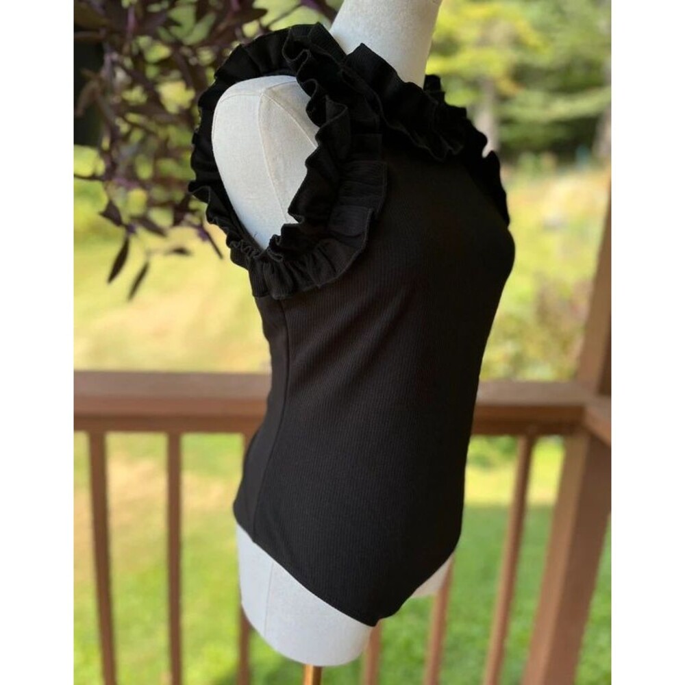TCEC Black Ribbed Ruffle Bodysuit Large Romantic Goth - Picture 1 of 10